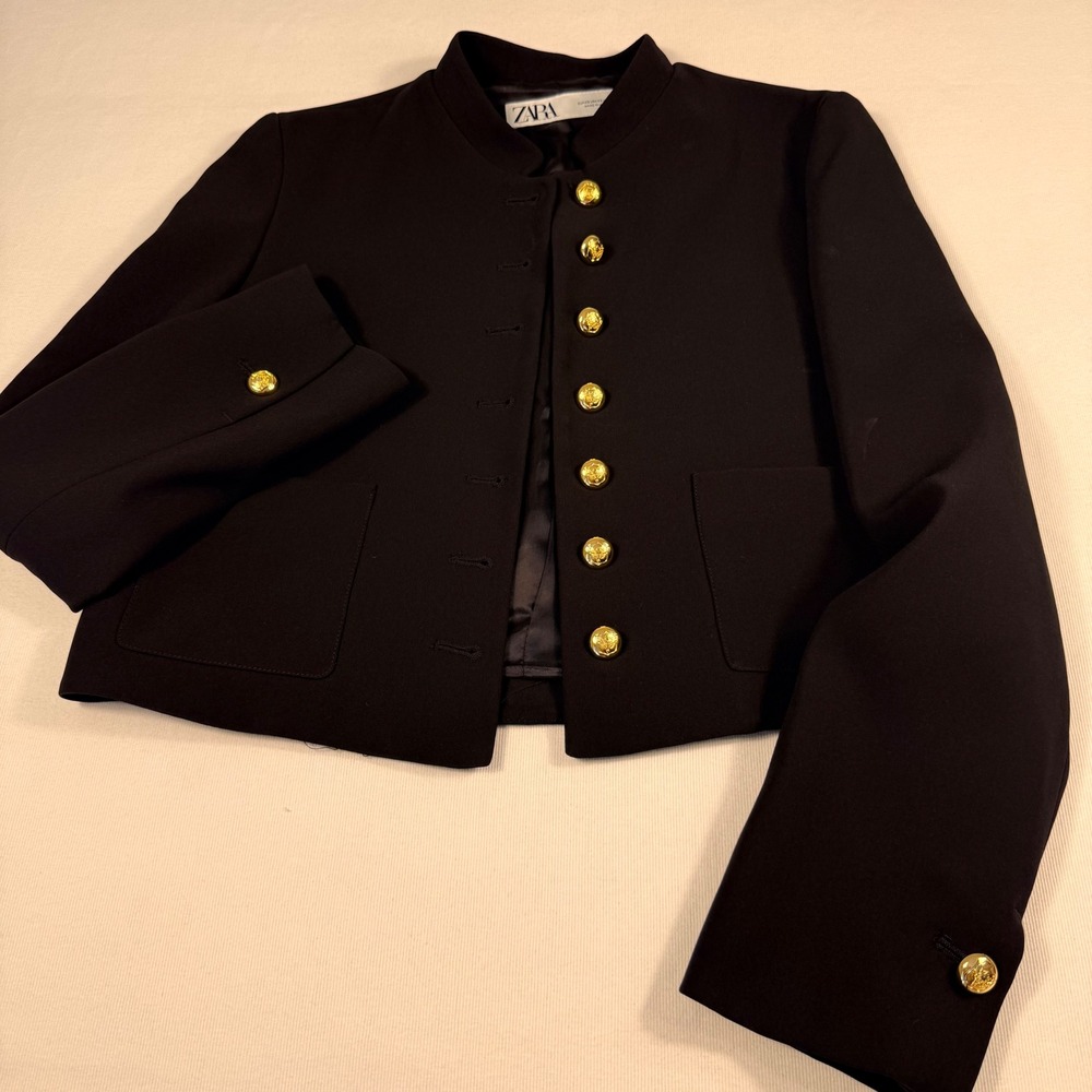 Zara Cropped Military Jacket XS Black Gold Button Blazer equestrian Dark Academi - Picture 2 of 16